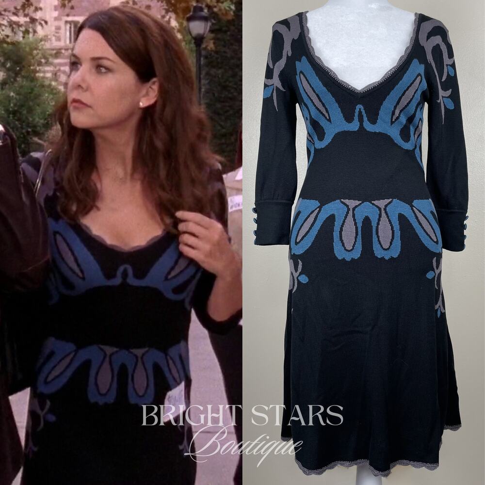 Extremely Rare Black Blue Intarsia Knit Dress ASO Lorelai Gilmore Girls Vintage